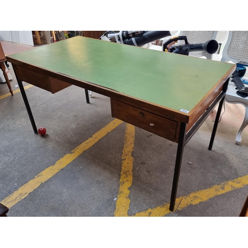 314 - A large vintage mid century office desk with deep drawers to each side and the top finished with a g... 