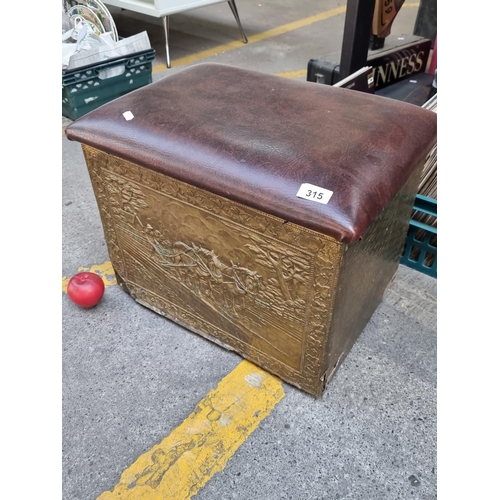 315 - An ornate vintage coal box in the form of a stool with an embossed brass exterior featuring a farmin... 