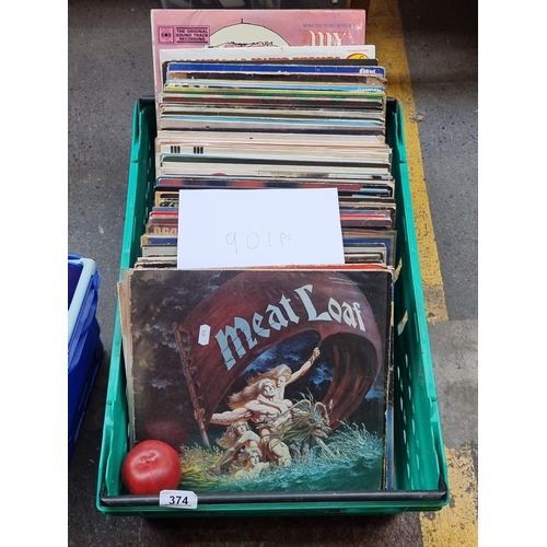 374 - A box filled with 90 vinyl record albums including great artists such as Meatloaf, Simon & Garfunkel... 