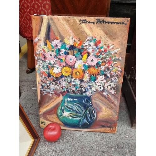 405 - An original oil on canvas painting of a still life floral arrangement. Rendered in thick impasto str... 