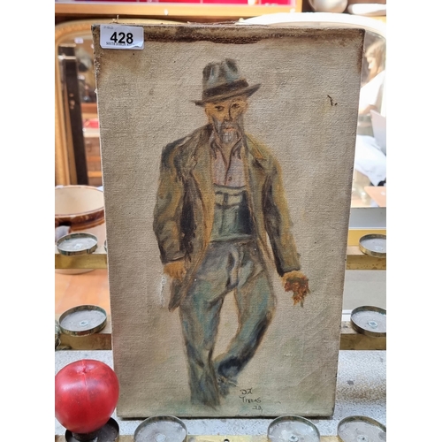 428 - A hand painted vintage oil on canvas full portrait of a characterful man wearing denim overalls, cru... 