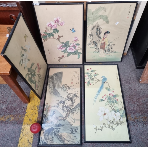 471 - Five vintage original paintings on silk including two larger examples, one showing a landscape scene... 