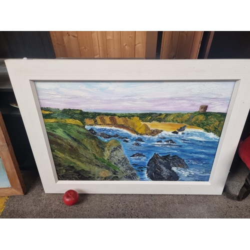 474 - A large original oil on canvas painting featuring a coast landscape theme rendered in thick impasto ... 