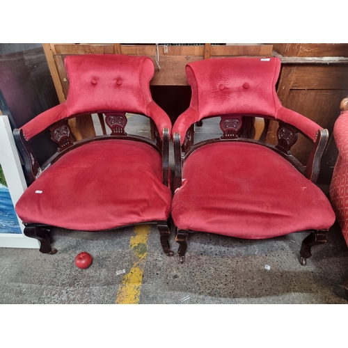 477 - Star lot :  A pair of Victorian style tub chairs with open lyre back, fluted retail to arms, short c... 