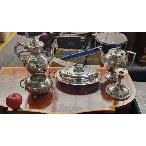 490 - Five beautiful antique pieces of silver plated items including two ornate coffee pots, a sugar bowl,... 