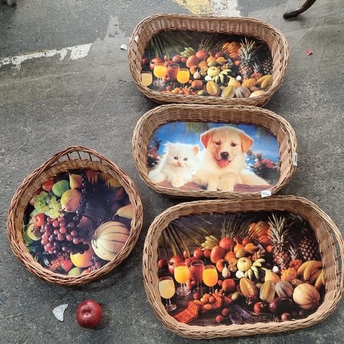 566 - A lot of four new wicker trays with cute images to base of cats or fruit displays. New from the wick... 