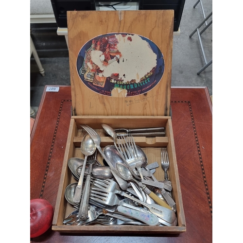 581 - A wooden box filled with vintage English made EPNS cutlery including some very fine heavy examples b... 