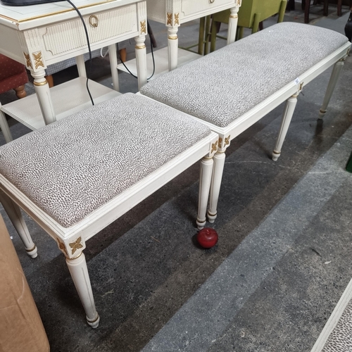 597 - Star Lot : Two striking empire style  benches with soft brown and cream pattern upholstery and empir... 