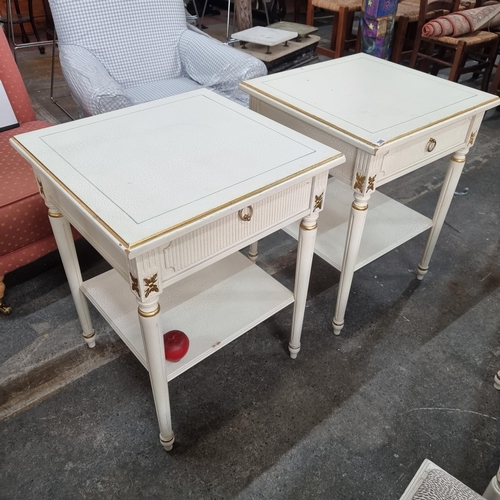 598 - Star Lot : Two charming side tables with single drawer with reeded detail to front with drip ring ha... 