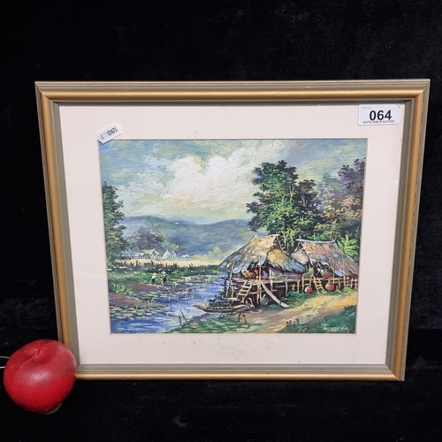 64 - A colourful original acrylic on paper painting featuring a Taiwanese village in a tropical forest wi... 