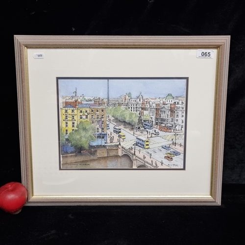 A fabulous original ink and watercolour on paper painting titled "O'Connell St Dublin" by the Irish artist Muriel Morgan. Features a Dublin Cityscape with the titular street in the centre, with iconic landmarks including the O'Connell monument and the spire. Nicely rendered in bright colours.