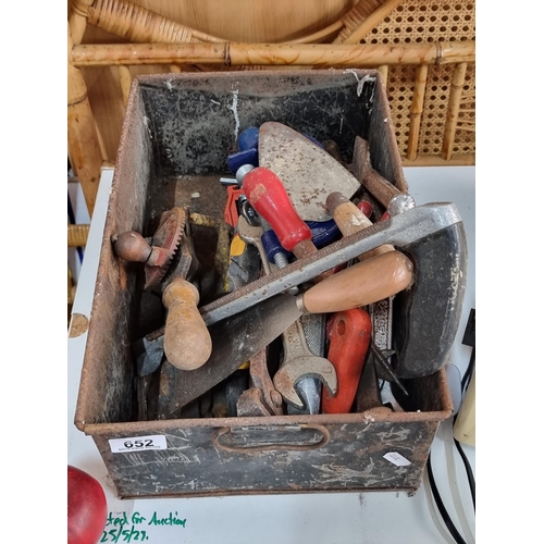 652 - A vintage metal box filled with a great array of vintage DIY tools ad hardware. Including a chisel, ... 