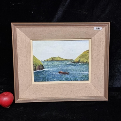 66 - A charming original acrylic on board showing a boat on calm waters flanked by peninsula mountains. S... 