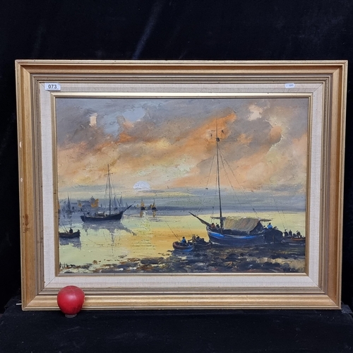 73 - A large vintage original oil on canvas painting featuring coastline with boats moored on the shore, ... 