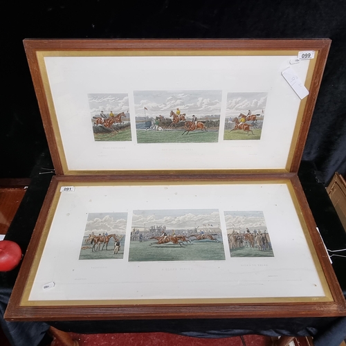 99 - Two framed antique hand coloured copper plate etchings each featuring three vignettes of equestrian ... 