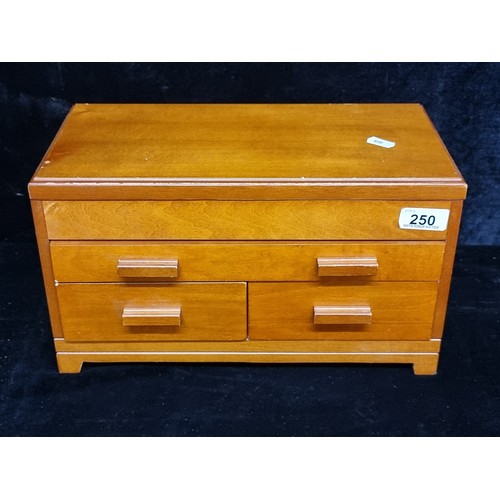 250 - A fabulous Mid Century Modern style wooden jewellery box with three drawers to front and hinged lid ... 