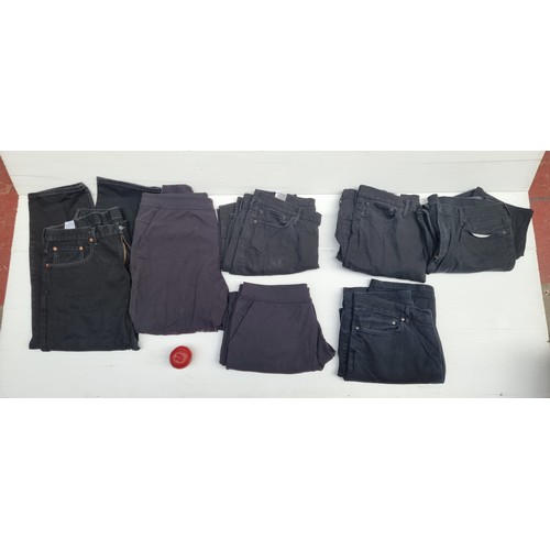 729 - Seven pairs of black trousers including four pairs of Levi's jeans with three in the style 541 (W40 ... 