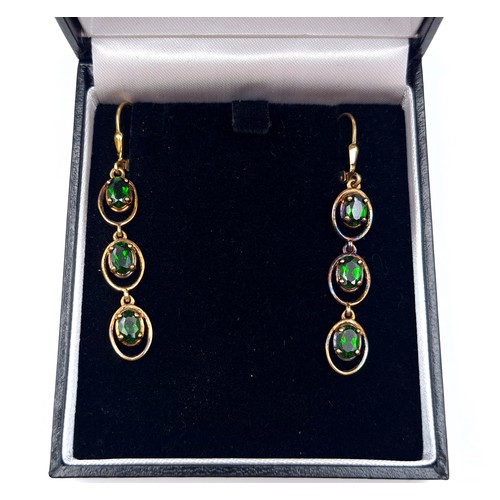 544 - Star Lot: A beautiful pair of antique three stone Period 9 carat gold drop pendant earrings. Stamped... 