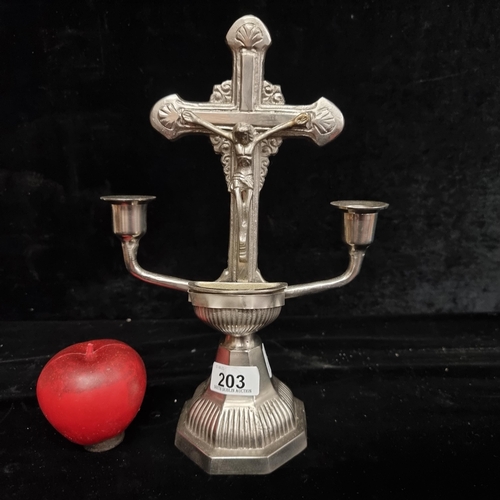 203 - A wonderful vintage cast metal ecclesiastical two branch candelabra with crucifix to centre and remo... 