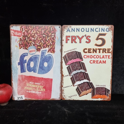 215 - Two colorful wall signs; one advertising Fry's Chocolate and the other advertising Fab Ice Lollies.