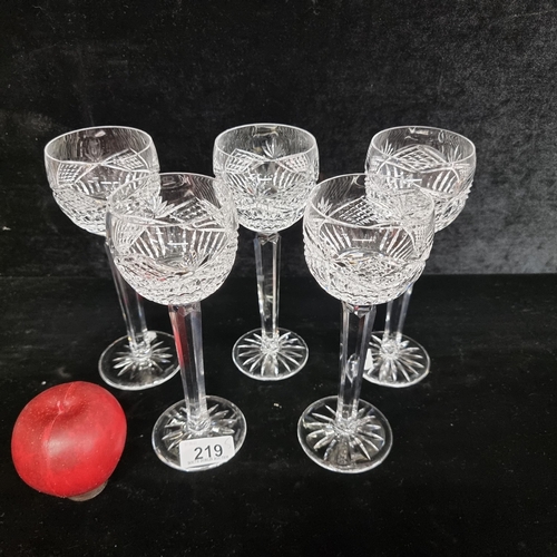 219 - A stunning set of five tall Waterford Crystal wine goblets. Intricately cut pieces with long faceted... 