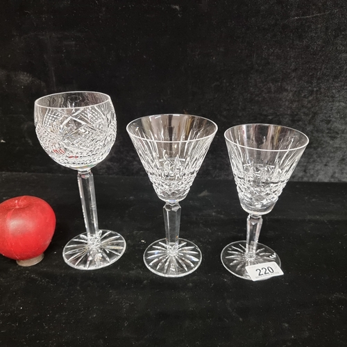 220 - Three elegant Waterford Crystal stemmed glasses including two in the Maeve pattern along with anothe... 