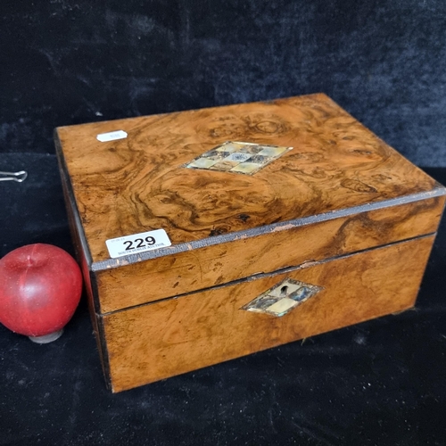 229 - An exquisite antique Victorian burled walnut stationary box with the most gorgeous diamond shaped mo... 