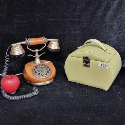 293 - Two items including a fabulous wooden retro style phone and a bright jewellery box in the Y2K style ... 