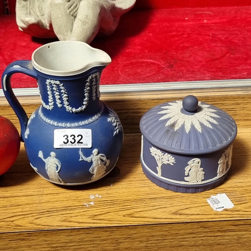 332 - Two vintage Wedgwood items in a Neoclassical style consisting of a jug and a lidded jewellery box. I... 