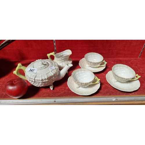 347 - A striking antique Belleek style fine china 8-piece tea set including a teapot, cream jug, cups and ... 