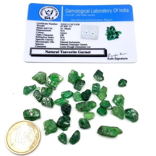 424 - A natural collection of Tsavorite Garnets, of a total of 65. 40 carats. Comes with a certificate of ... 