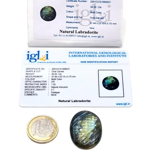 428 - A beautiful and large oval cut Labradorite stone, of a large 39.2 carats. Comes with certificate of ... 