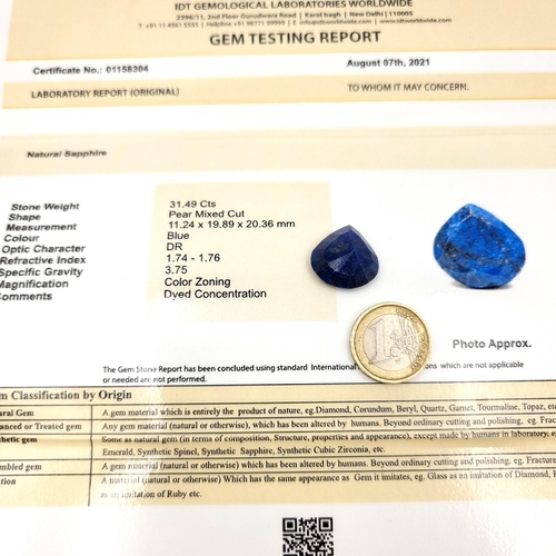 435 - A stunning example of a pear mixed cut natural Sapphire stone, of a large 31.49 carats. Comes with a... 