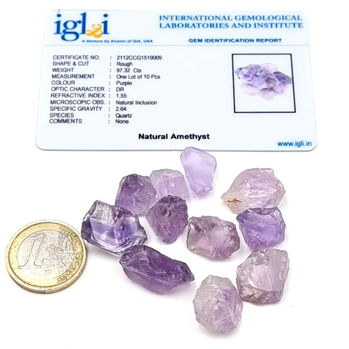 442 - An excellent collection of rough cut natural Amethyst stones, of a total of a large 97.32 carats. To... 