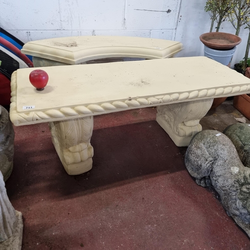 711 - A lovely very heavy reconstituted stone bench with rope twist detailing to sides and held on acanthu... 