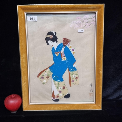 62 - A vintage original painting on fabric showing a Japanese Geisha in bright blue kimono. Artist stamp ... 