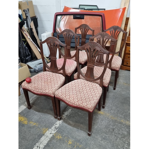 625 - A set of six vintage Edwardian style dining chairs. Featuring shield shaped back rests with pierced ... 