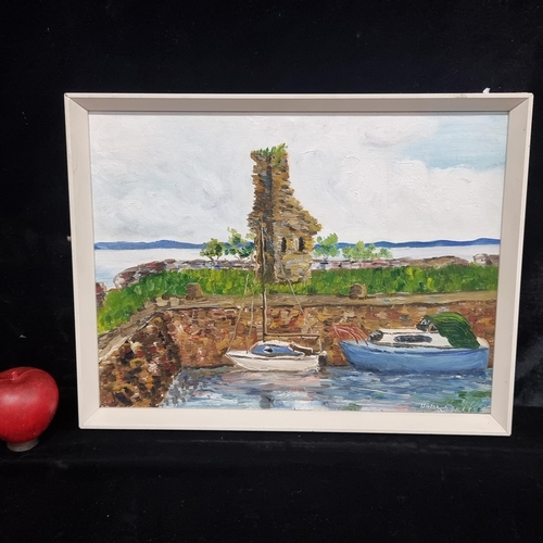 64 - An original acrylic on board painting featuring boats moored at the shore with a ruinous tower to th... 