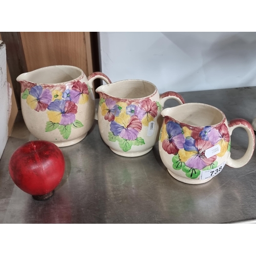 738 - Three delightful creamers by Burslem England in the 'Ellgreave' pattern.