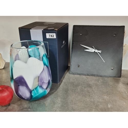 742 - Two items including a fantastic brand new Newgrange Living glass vase with purple, blue and white sp... 