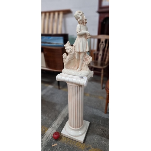 648 - A charming plaster cast pedestal stand comprising of two elements including ionic column to base sur... 