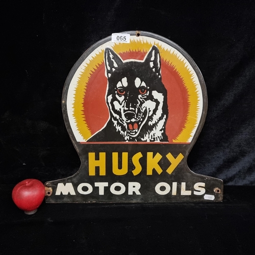 65 - Star lot : A heavy vintage and hand painted enameled metal wall sign advertising Husky Motor Oils. 
... 