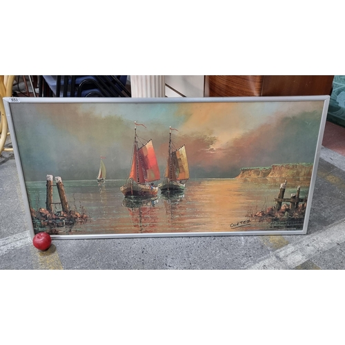 653 - A very large print of a painting showing sail boats sailing out to sea on a still summer's evening. ... 