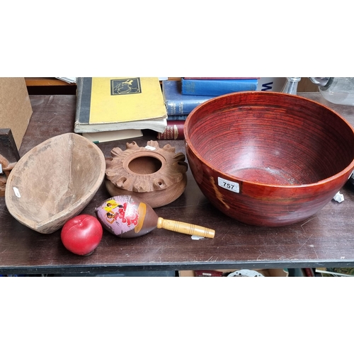 757 - A mixed lot of five items including a hand carved African mask, a maraca, a large fruit bowl, a carv... 