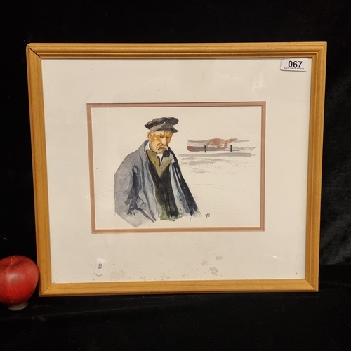 67 - A lovely original watercolour on paper painting featuring a characterful fisherman wrapped up in his... 