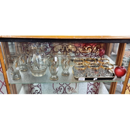 772 - Two sets of vintage glassware including six unusual brandy glasses with hob nail base and gilt edgin... 