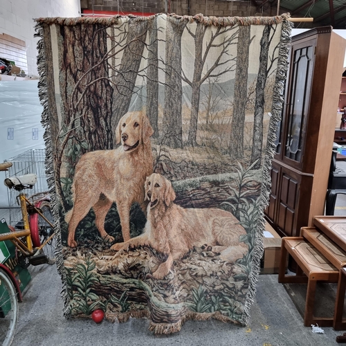 776 - A very large wall hanging tapestry featuring a pair of loyal golden retrievers in a forest setting. ... 