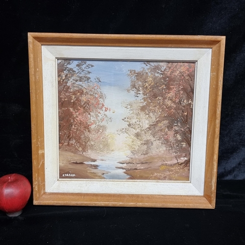 68 - A beautiful original acrylic on board painting of an autumnal landscape featuring trees and lapping ... 