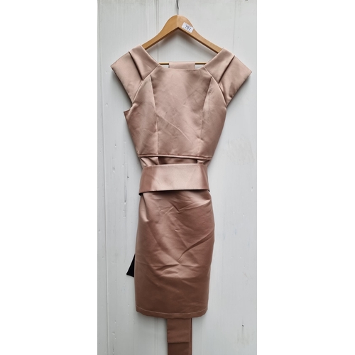 787 - A fabulous John McCormack Dublin formal designer women's dress in a champagne coloured satin with tw... 