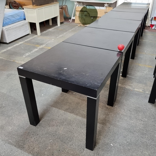 686 - Six matching square tables in a black finish with chrome accents to legs, perfect for commercial use... 